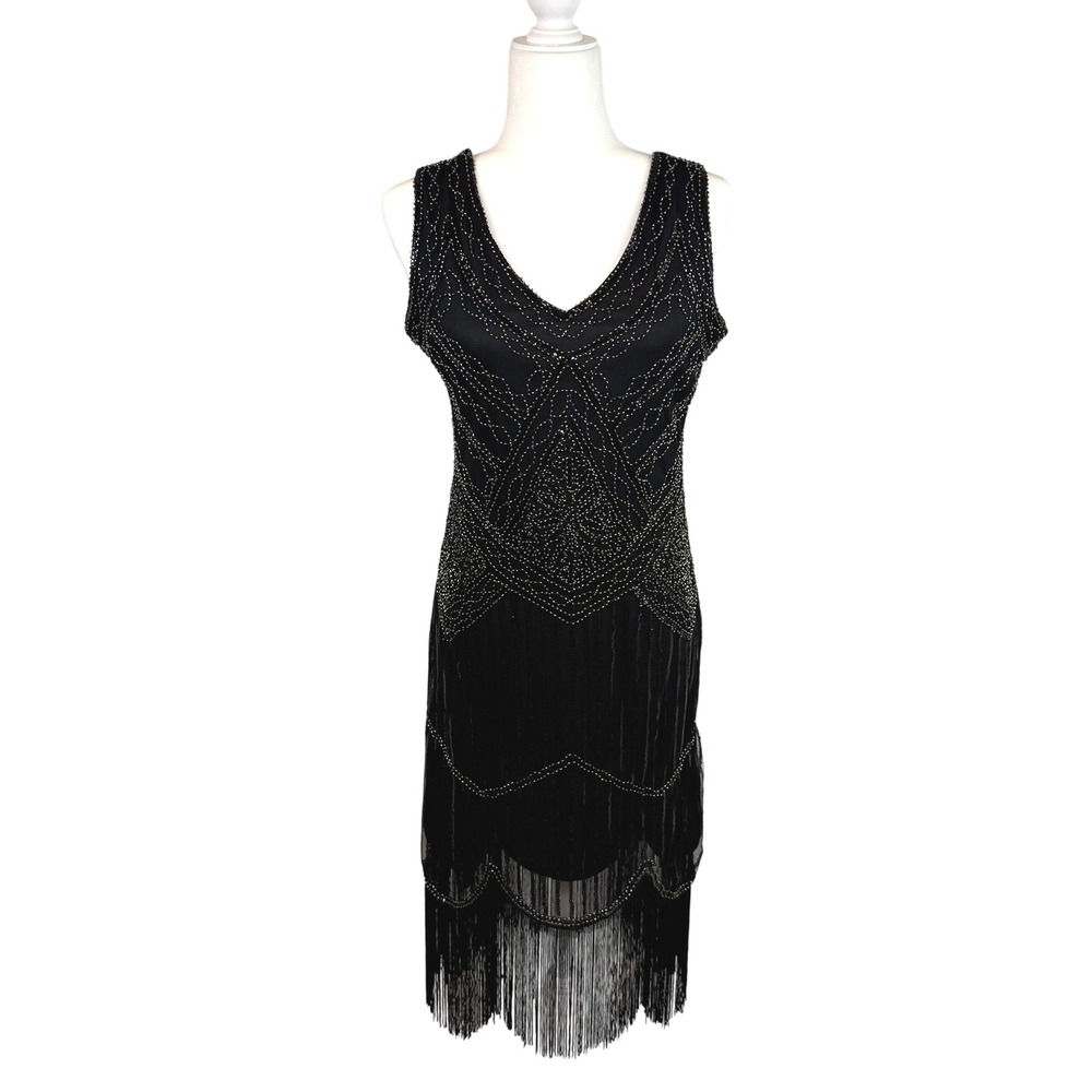 Vintage Style 1920s Flapper Beaded Fringe Cocktail Dress Black Gatsby Art Deco S